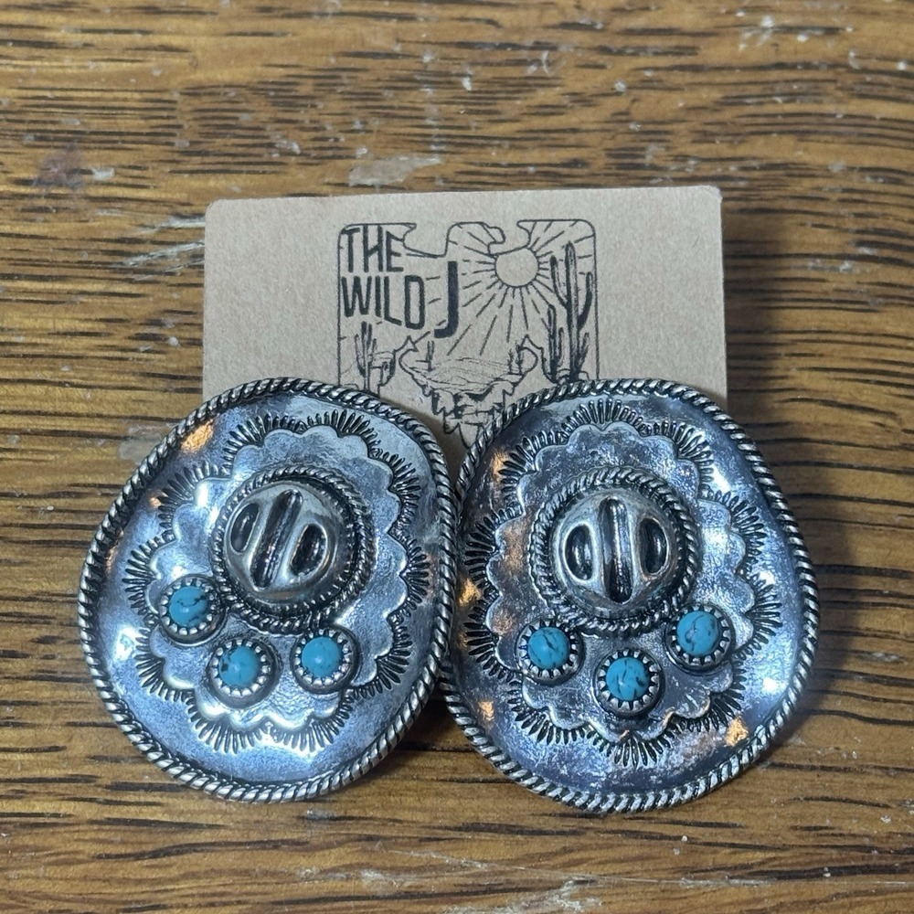 The Wild J Western Concho Turquoise Stud Earrings Silver Tone Cowgirl